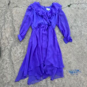 Vintage Nah Nah Collection Purple Ruffle Dress Sheer Long Sleeve‎ Party Dress 14